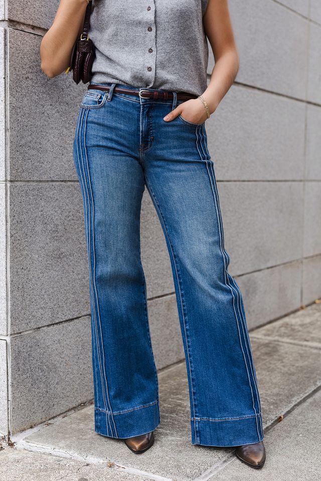 The Dakota Medium Wash Pintuck 33" Inseam Flared Jeans by Hidden