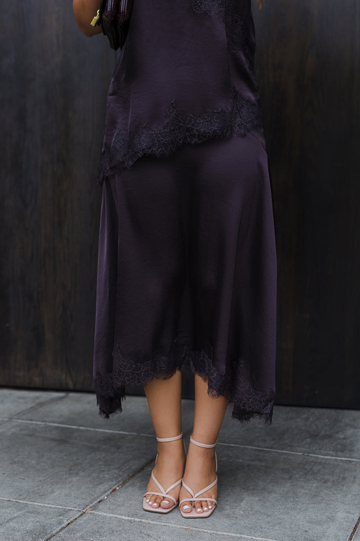 The French Lace Asymmetrical Hem Midi Skirt