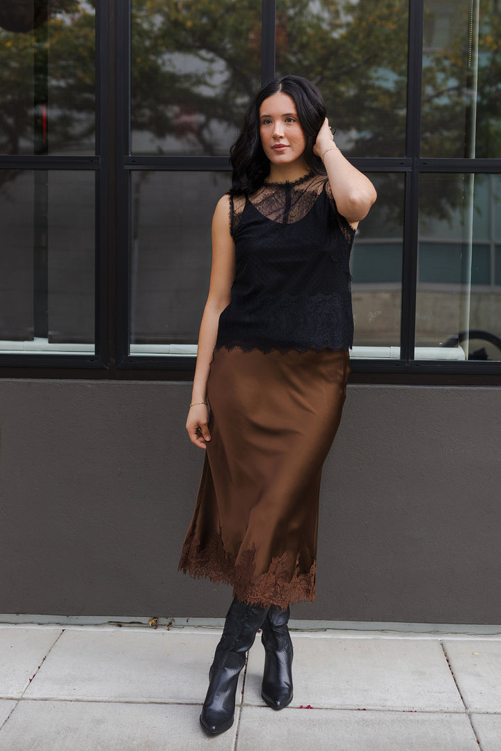 The Second Look Satin Lace Trim Midi Skirt