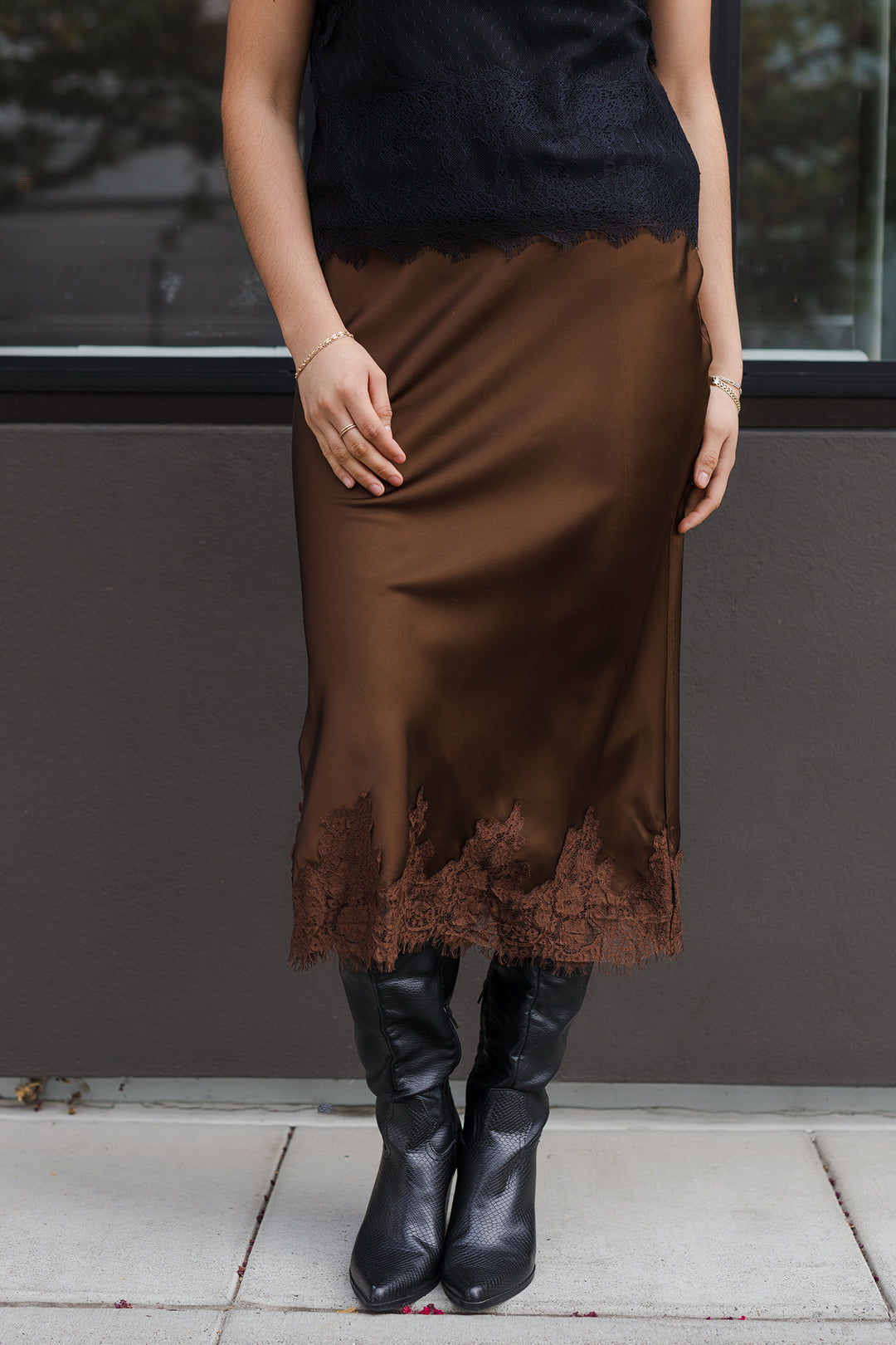 The Second Look Satin Lace Trim Midi Skirt