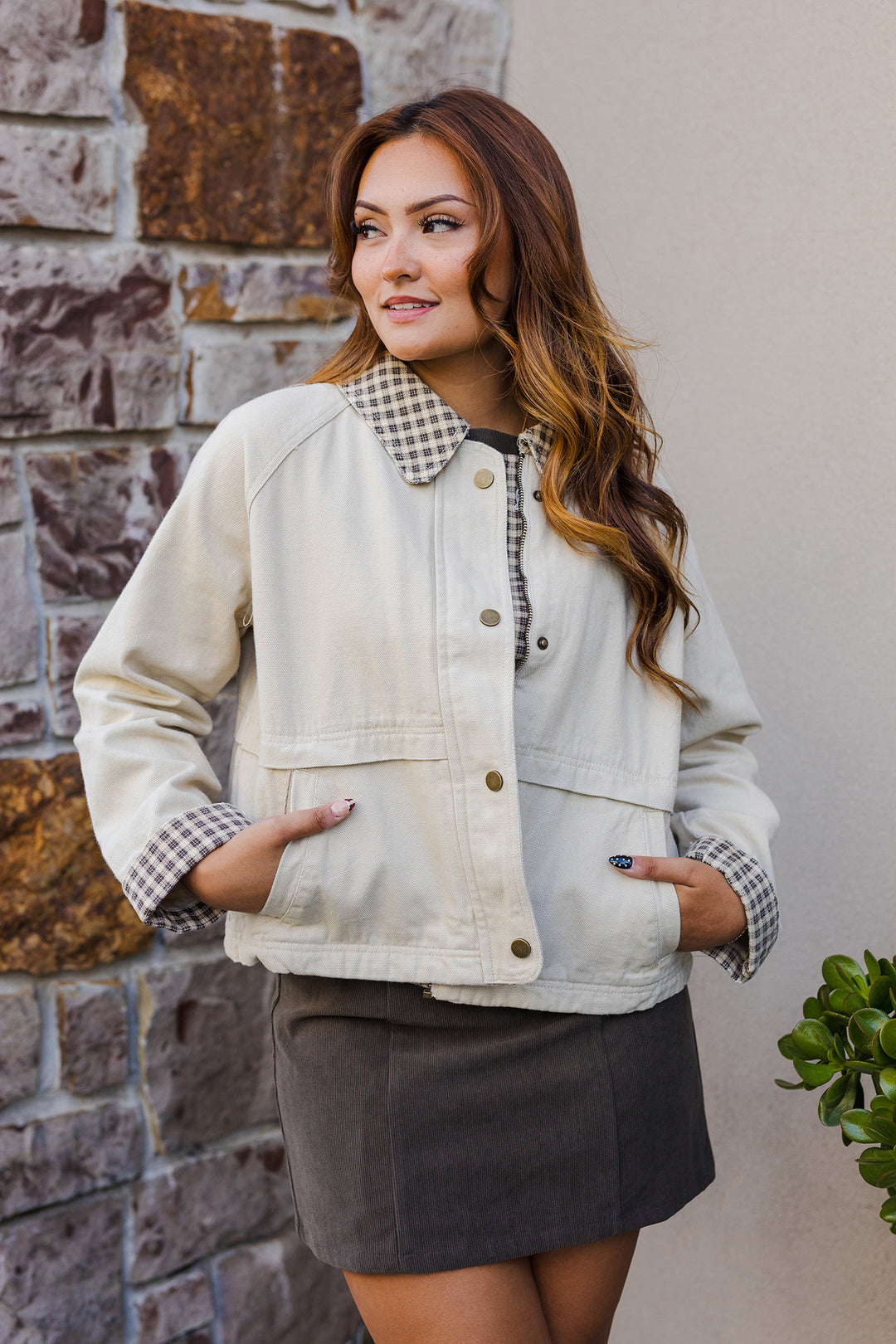 The Perfectly Gingham Cream Barn Jacket