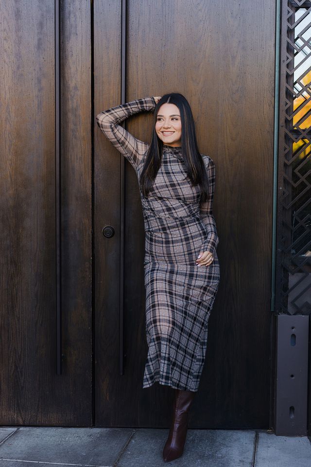 The Westbury Mock Neck Plaid Midi Dress