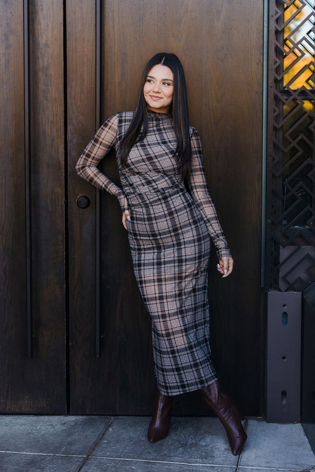 The Westbury Mock Neck Plaid Midi Dress