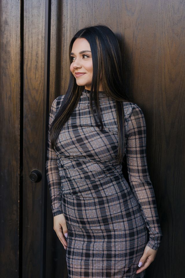 The Westbury Mock Neck Plaid Midi Dress