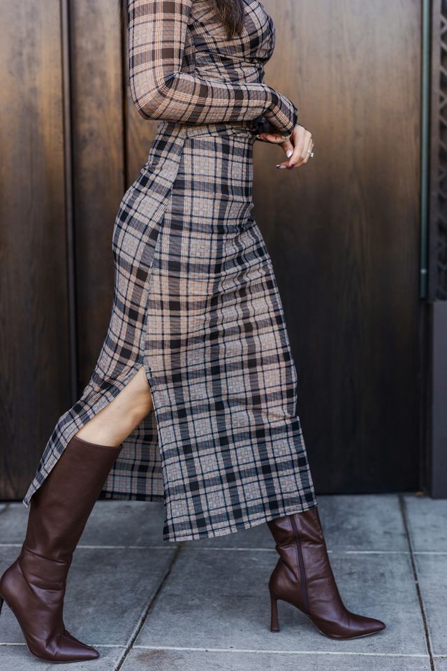 The Westbury Mock Neck Plaid Midi Dress