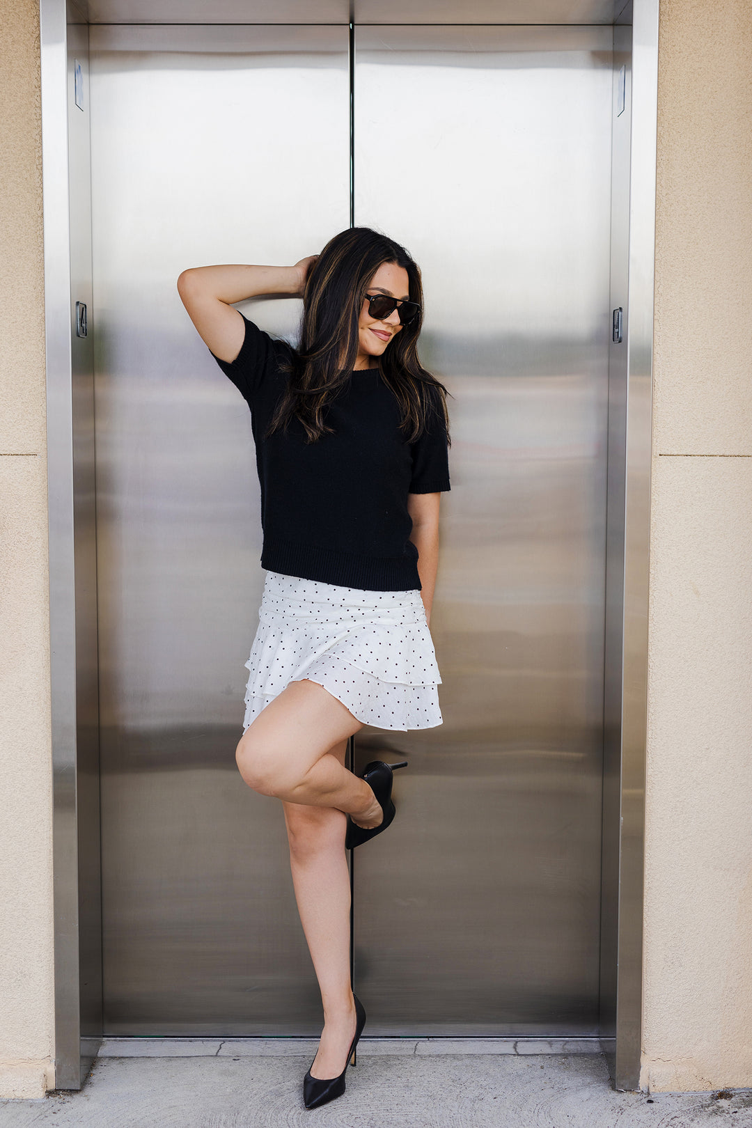 The Eliza White Ruffled Polka Dot Mini Skirt