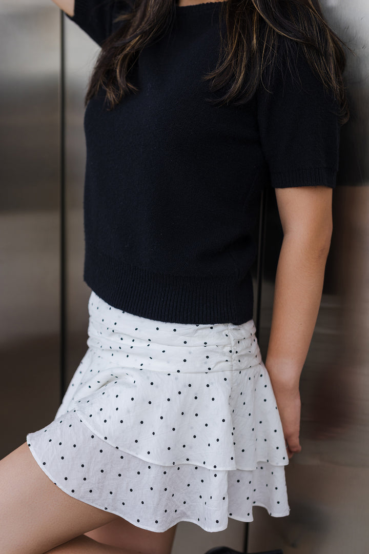 The Eliza White Ruffled Polka Dot Mini Skirt