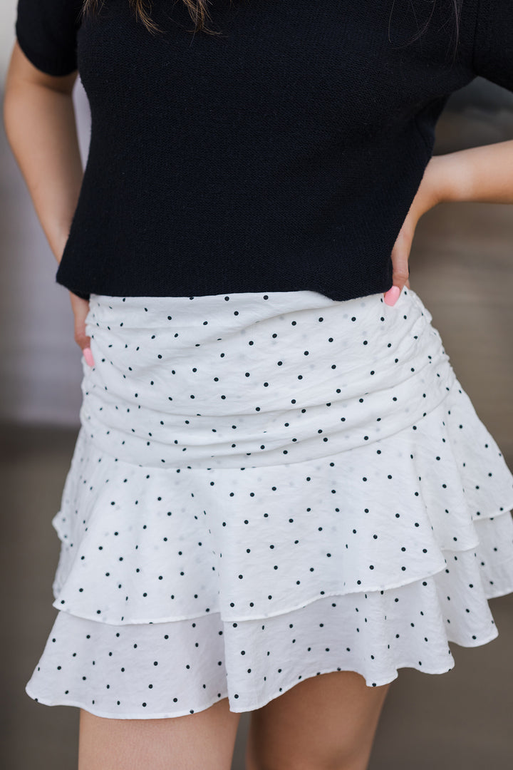 The Eliza White Ruffled Polka Dot Mini Skirt