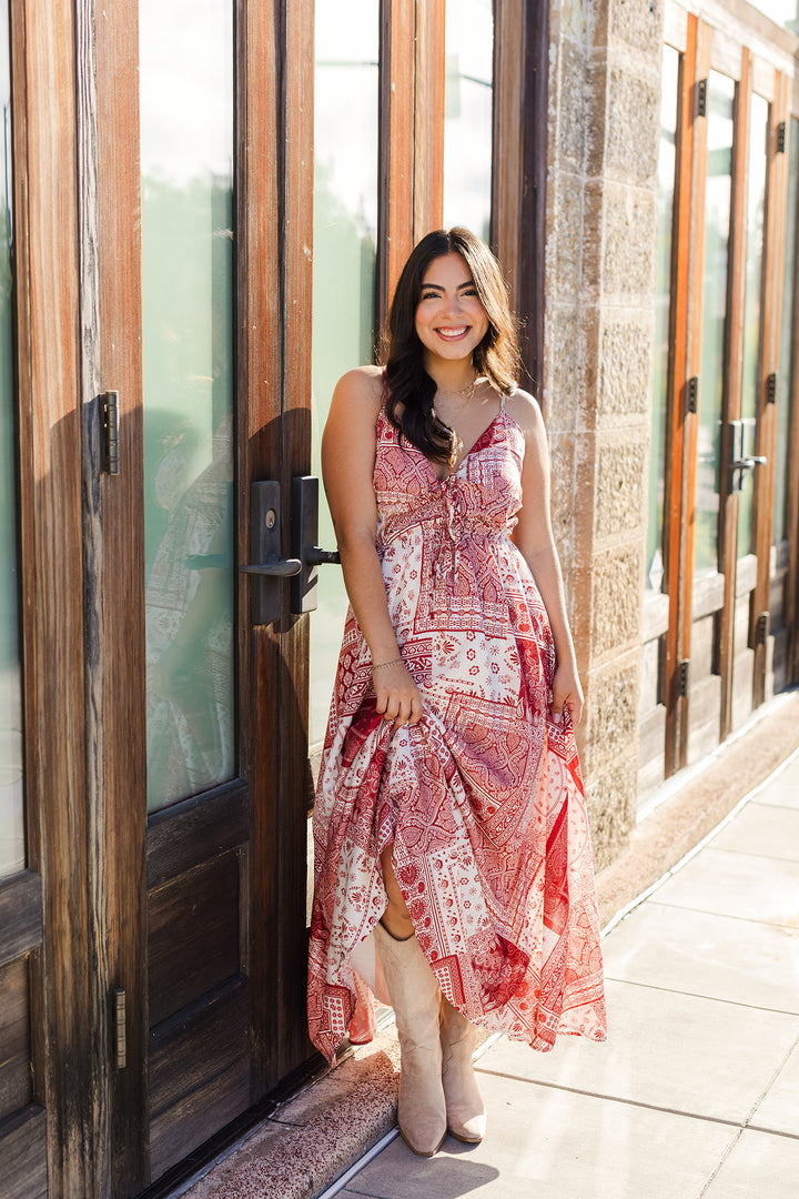 The Miss Paisley Patchwork Front Tie Midi Dress