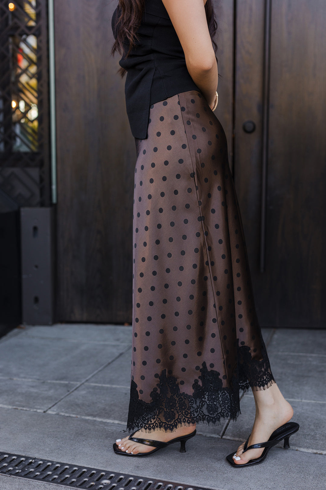 The Brooklyn Lace Trim Polka Dot Satin Skirt