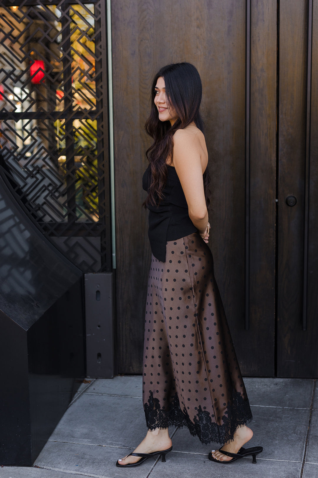 The Brooklyn Lace Trim Polka Dot Satin Skirt