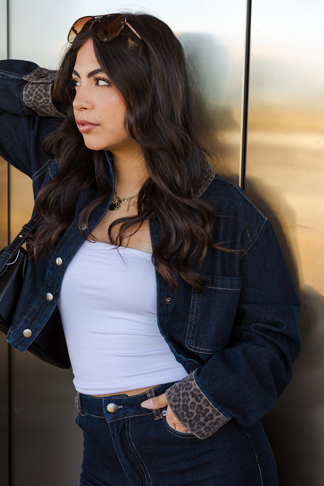 The Girl Can't Be Tamed Leopard Collar Denim Jacket