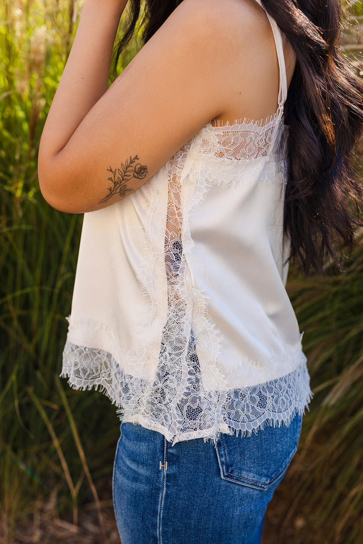 The Delicate Dove Lace Trim Satin Cami