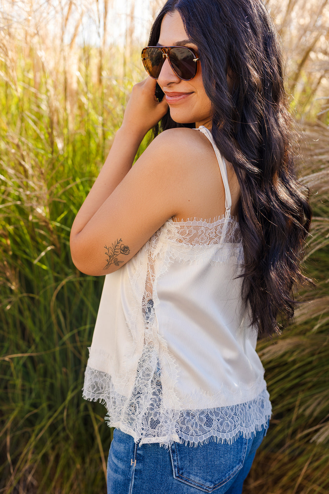 The Delicate Dove Lace Trim Satin Cami