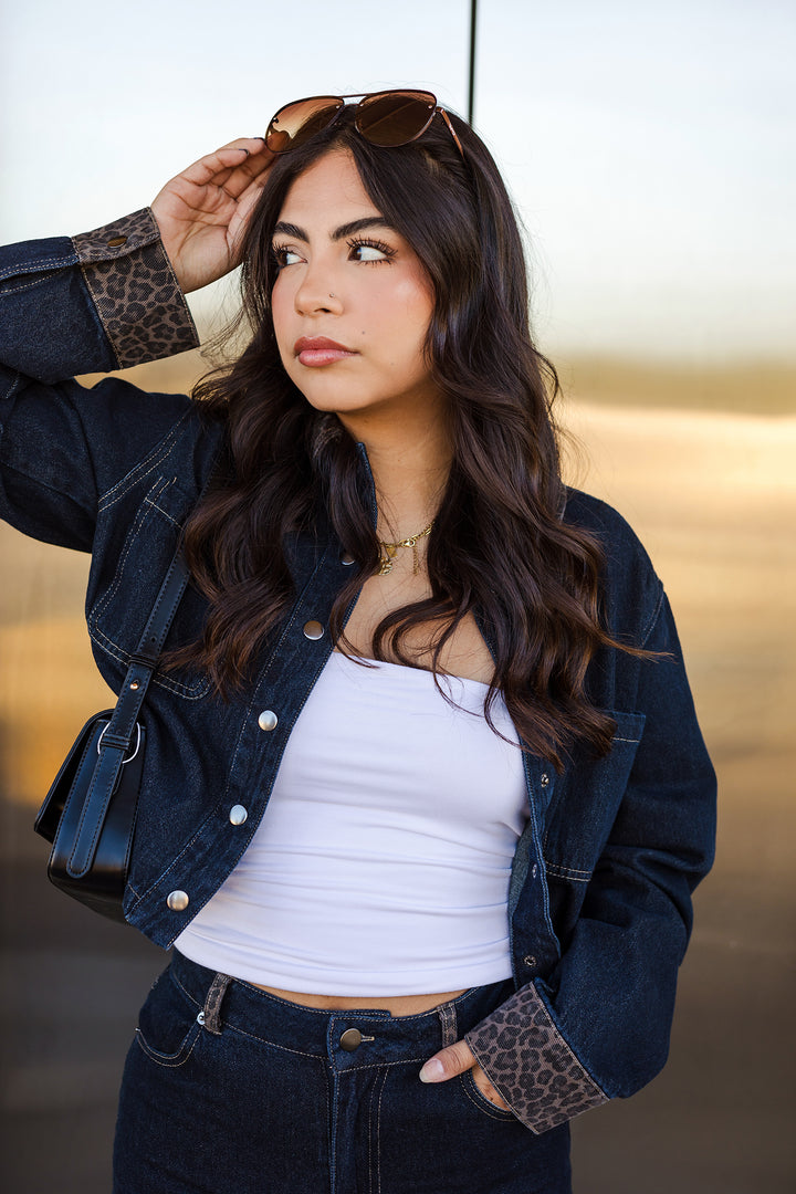 The Girl Can't Be Tamed Leopard Collar Denim Jacket