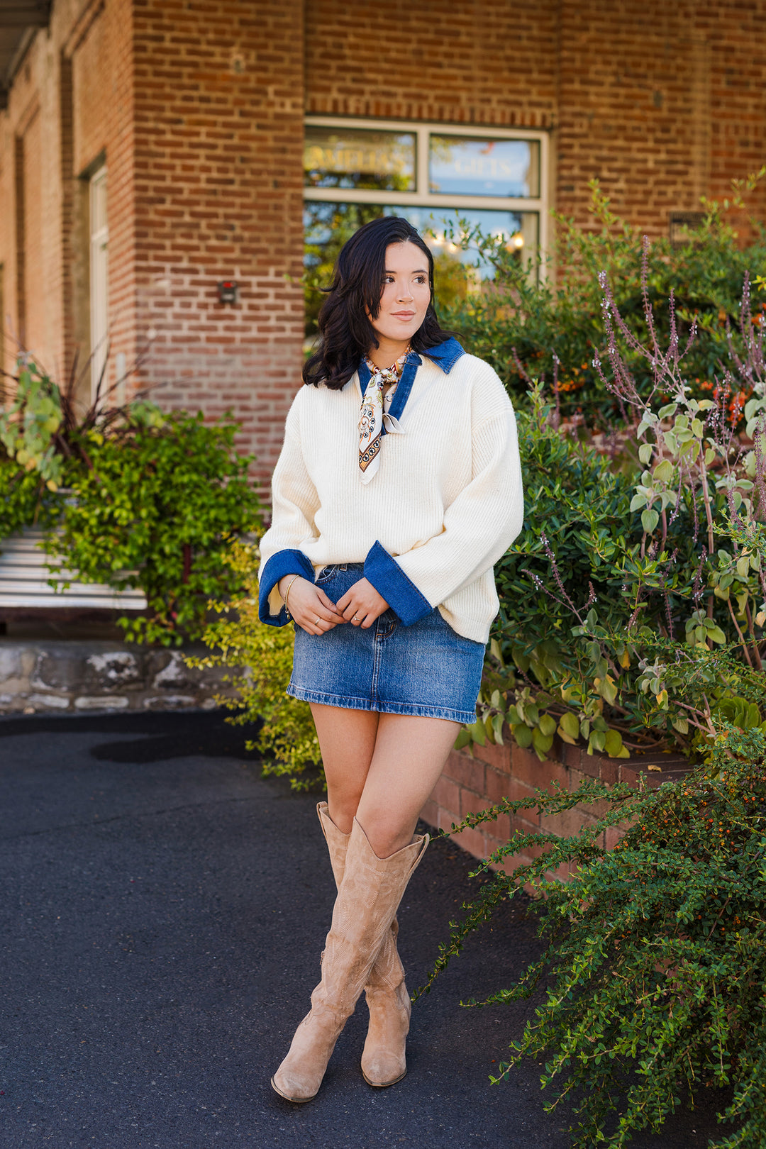 The Knit & Denim Cream Sweater