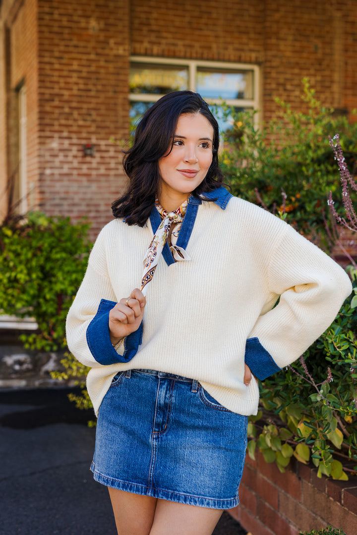 The Knit & Denim Cream Sweater