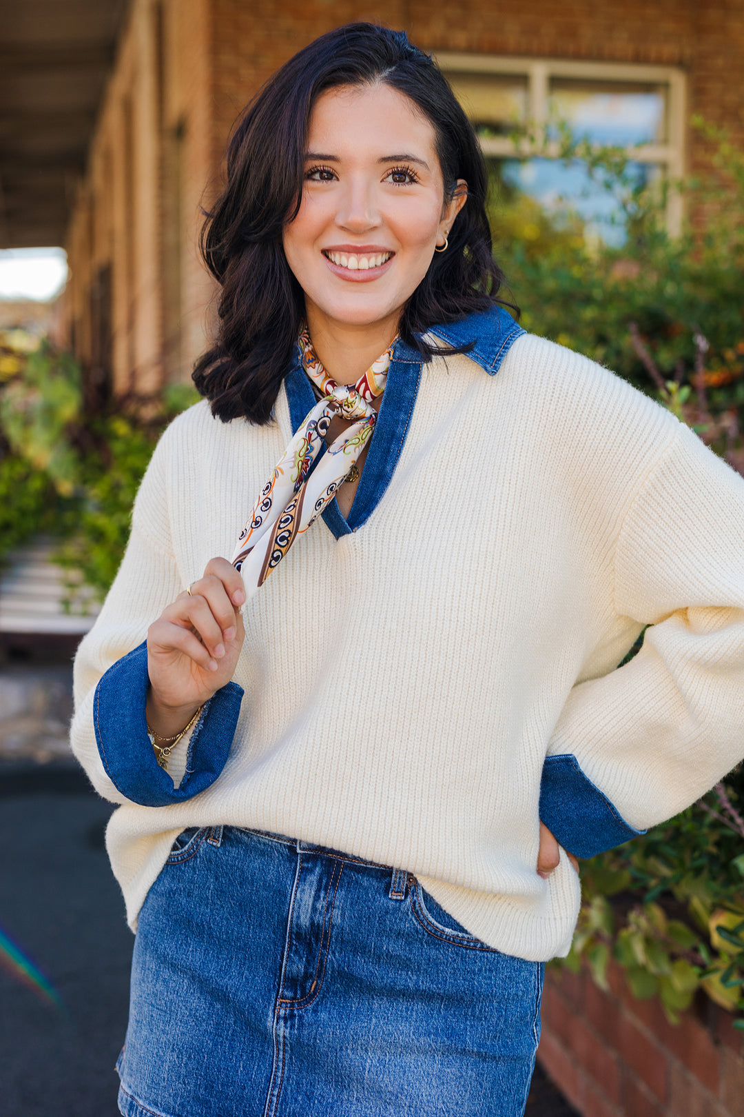 The Knit & Denim Cream Sweater