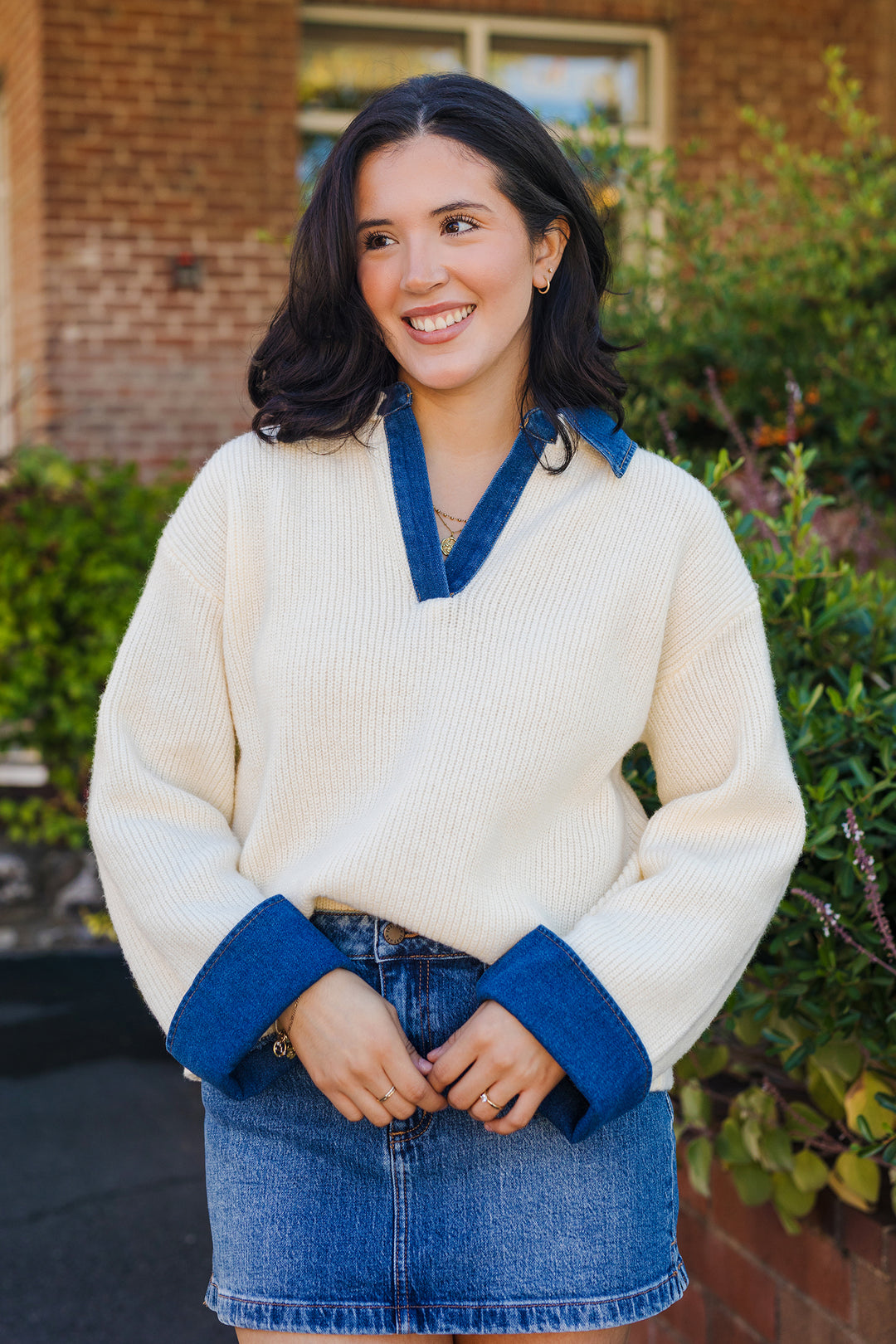 The Knit & Denim Cream Sweater