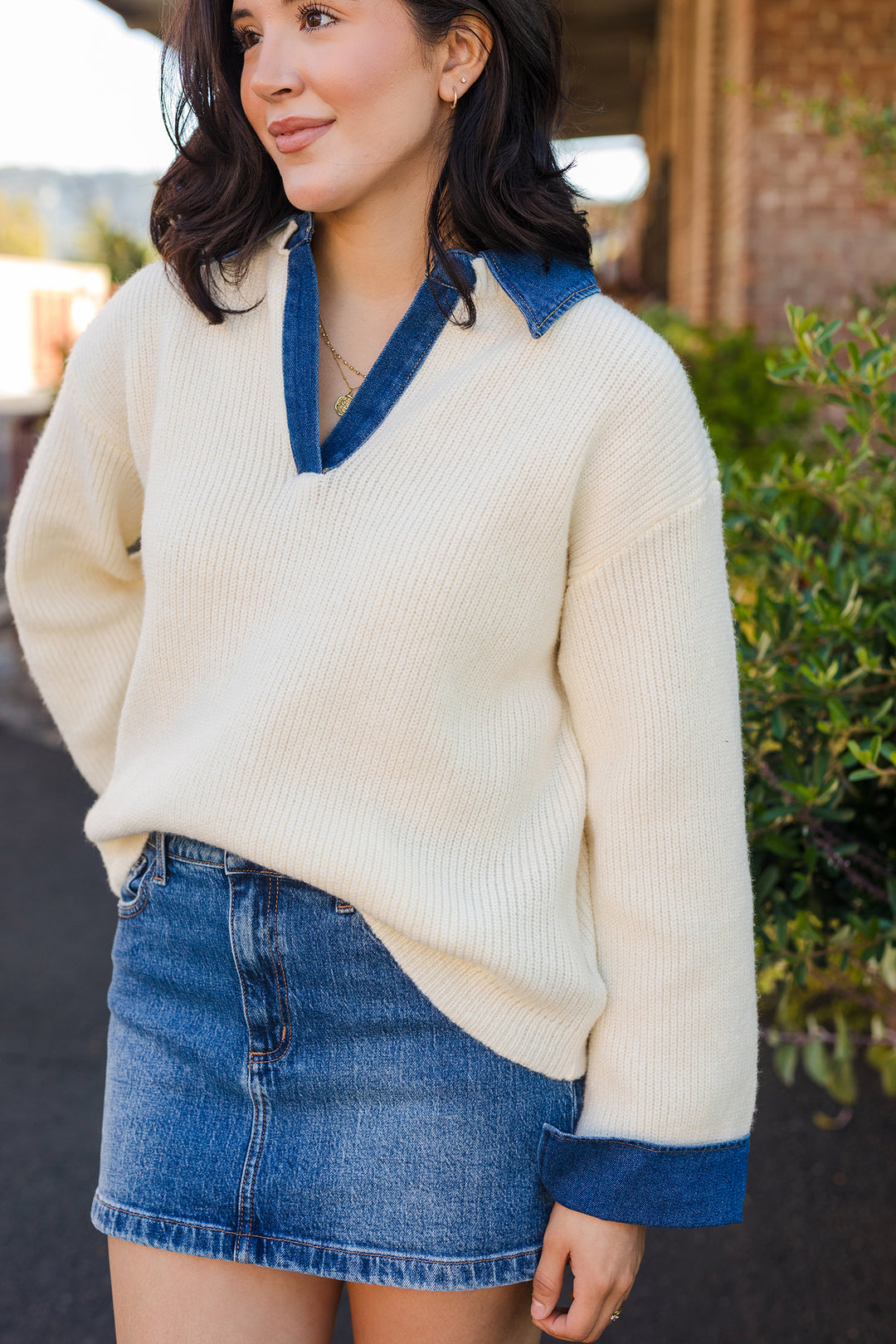The Knit & Denim Cream Sweater