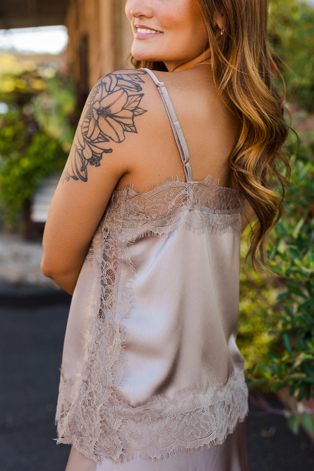 The Delicate Dove Lace Trim Satin Cami