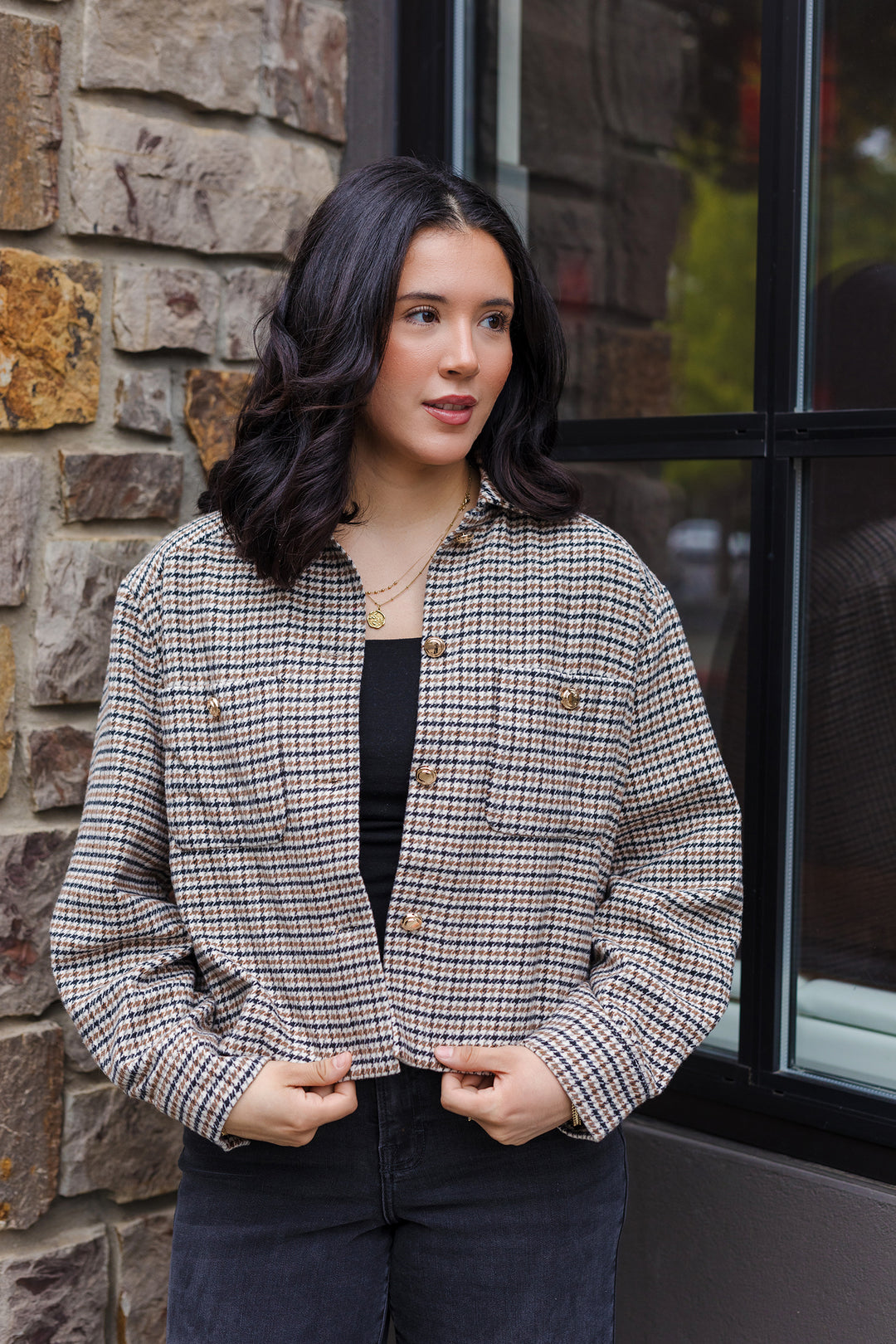 The Uptown Girl Houndstooth Cropped Shacket