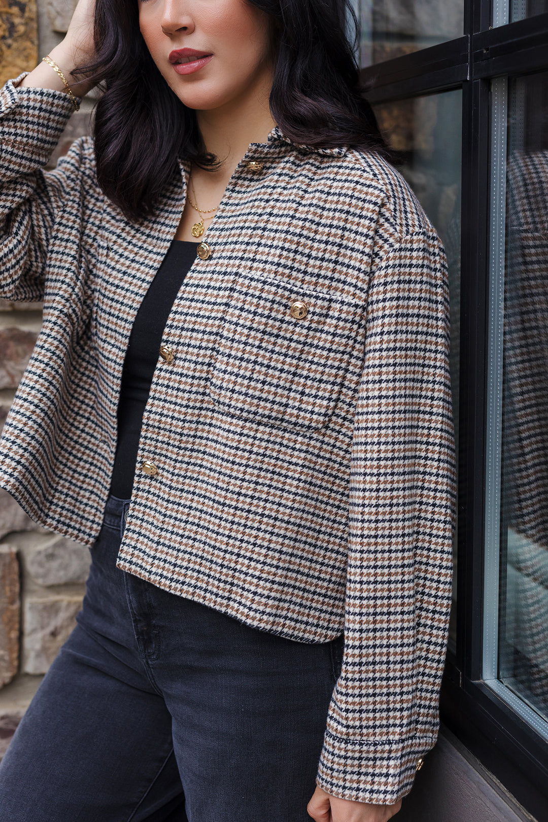 The Uptown Girl Houndstooth Cropped Shacket