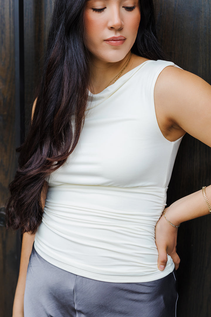 The Maeve Ruched Waist Cowl Neck Top