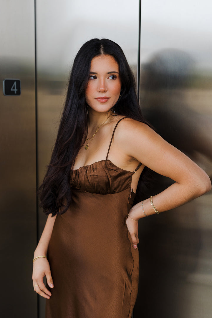 The Rich Chocolate Satin Maxi Dress