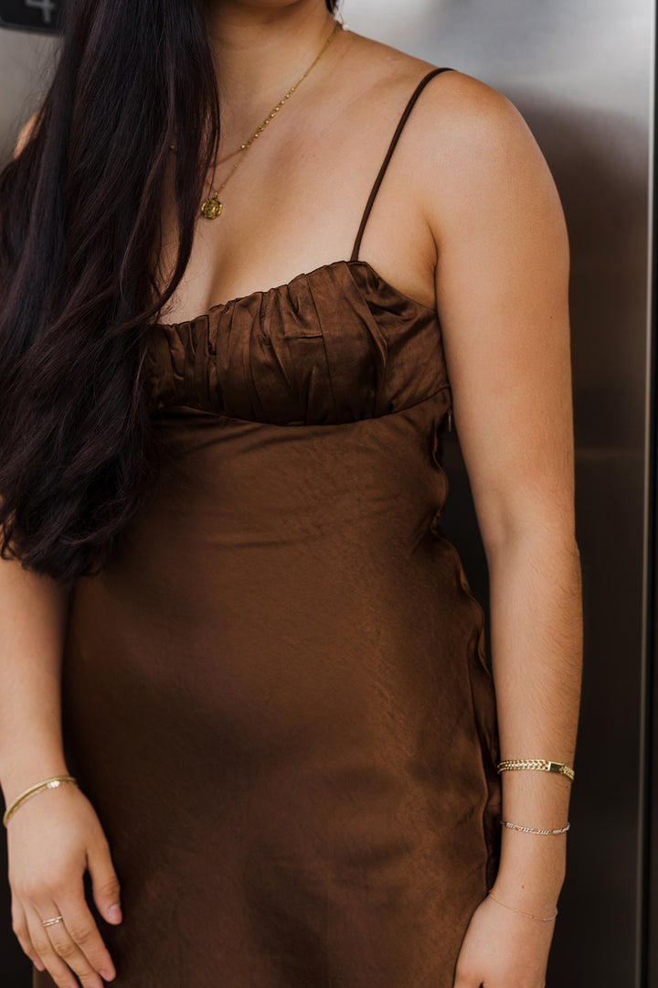 The Rich Chocolate Satin Maxi Dress