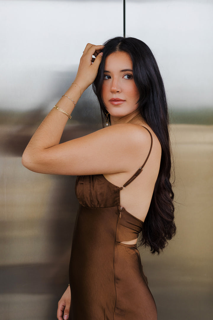 The Rich Chocolate Satin Maxi Dress