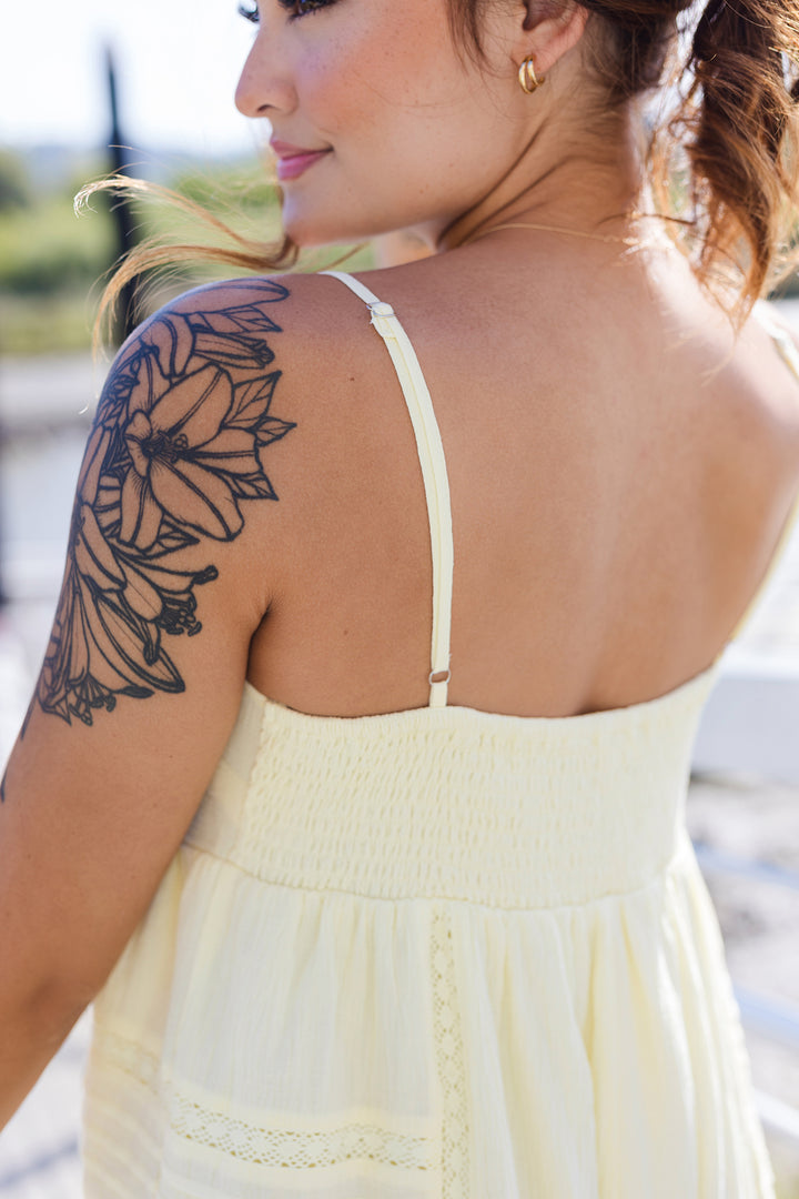 The Lemon Drop Lace Trim Romper