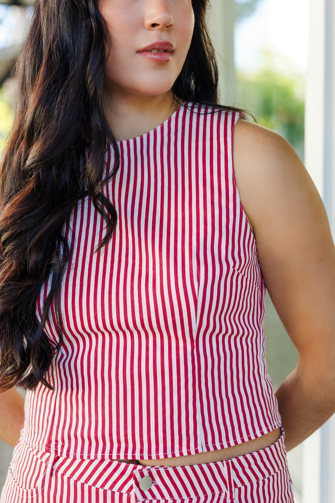 The Run It Back Striped Denim Open Back Top