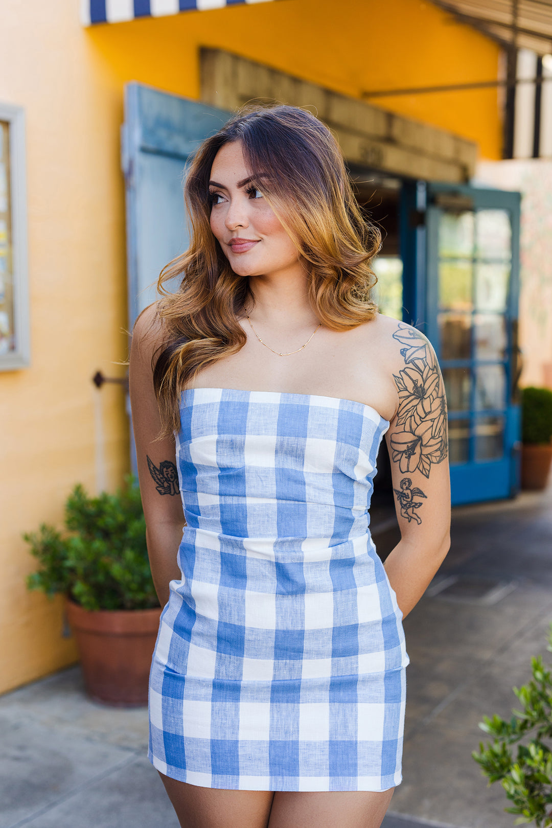 The Gia Gingham Strapless Linen Mini Dress