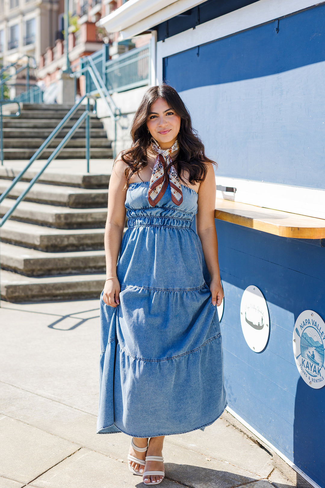 The High Tides Strapless Denim Midi Dress