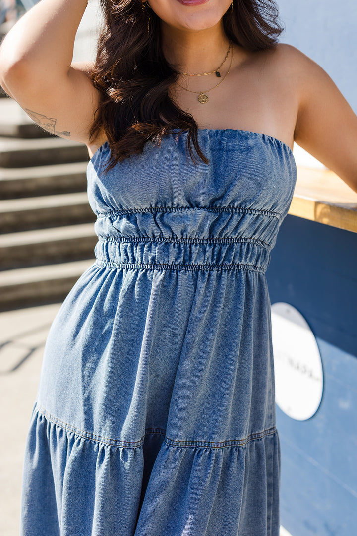 The High Tides Strapless Denim Midi Dress