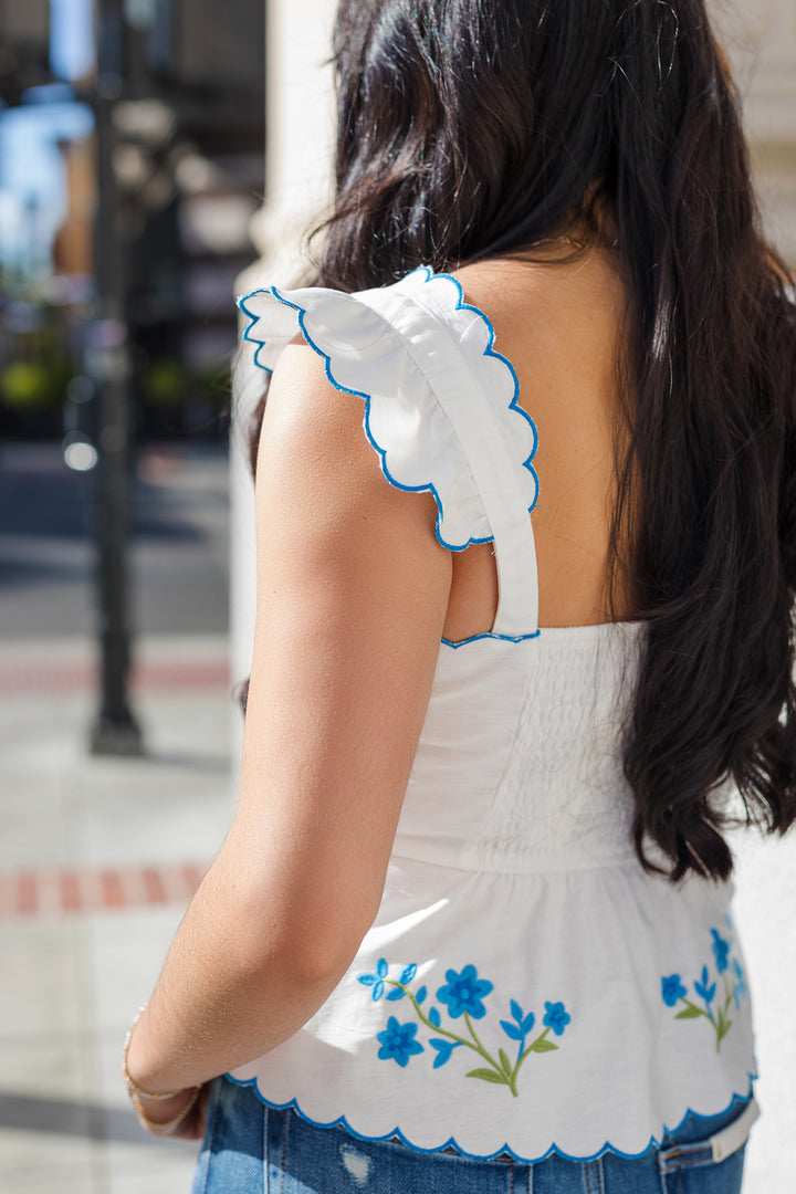 The Full Bloom Embroidered Linen Peplum Top