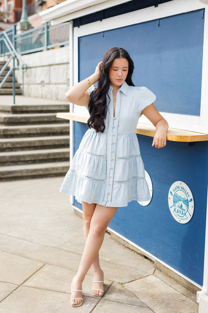 The Heart of Gold Puff Sleeve Denim Mini Dress