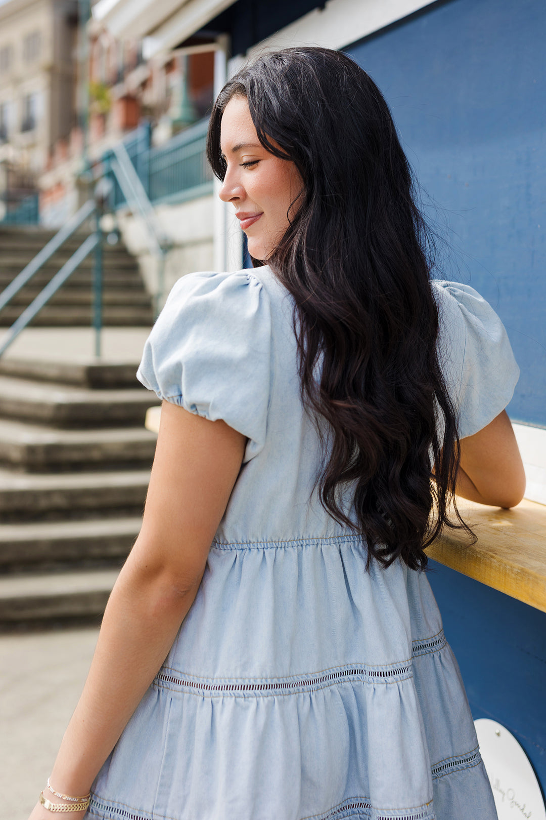 puff sleeve denim mini dress Puff-Sleeve Tiered Denim Mini Dress
