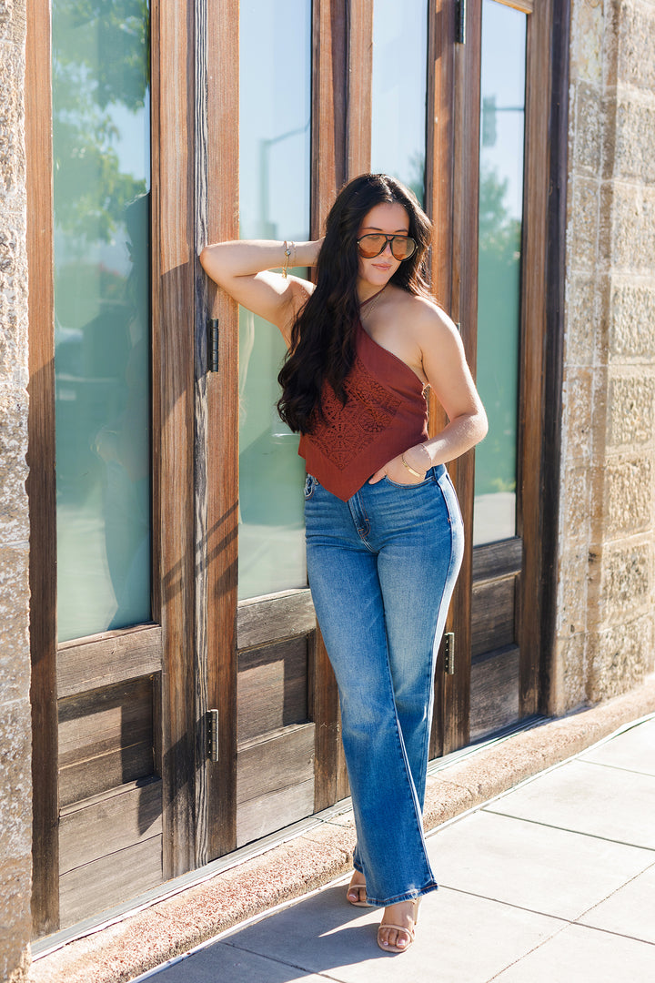 The Festival Crochet Medallion Pointed Hem Halter Top