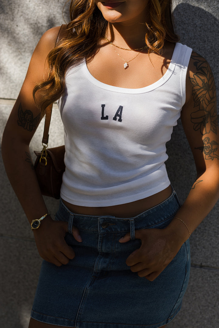 The LA Embroidered Cropped Knit Tank Top