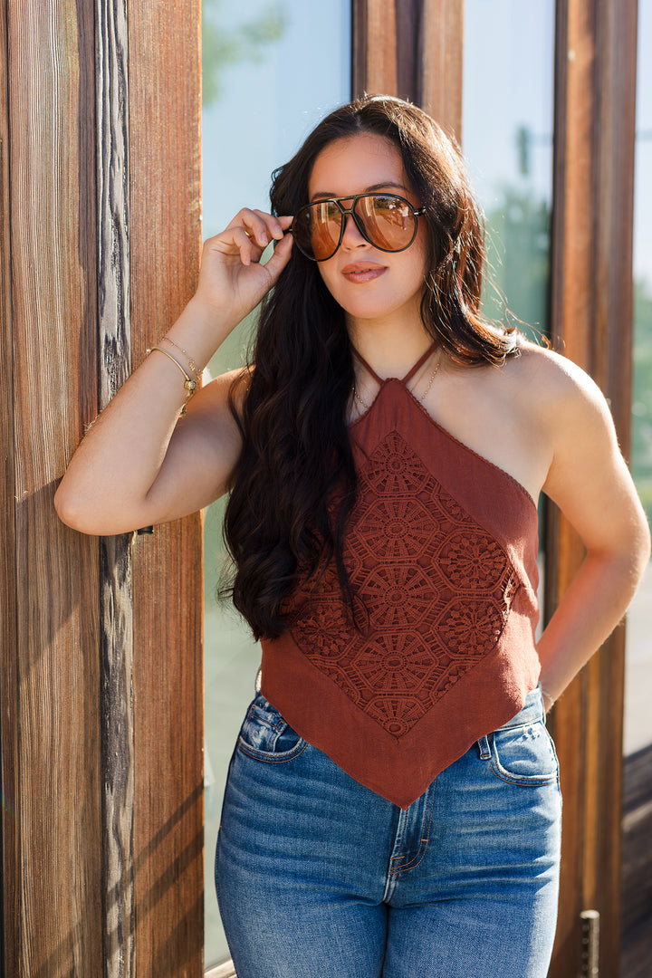 The Festival Crochet Medallion Pointed Hem Halter Top