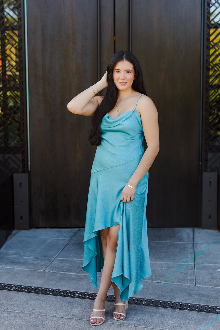 The Emerald Waves Open-Back Maxi Dress