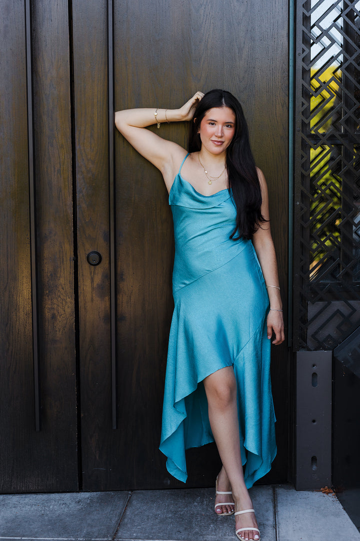 The Emerald Waves Open-Back Maxi Dress
