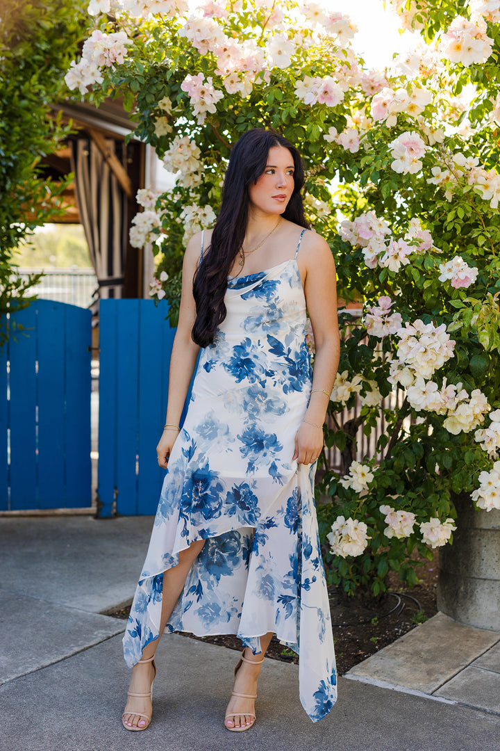 The Azure Watercolor Open Back Maxi Dress