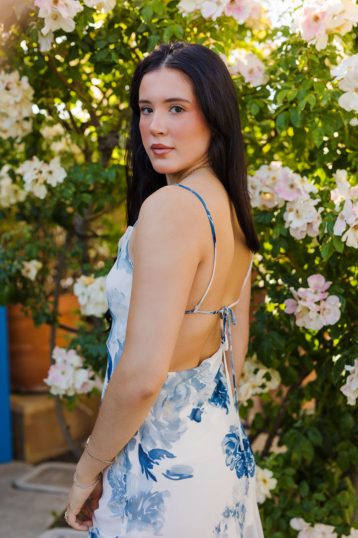 The Azure Watercolor Open Back Maxi Dress
