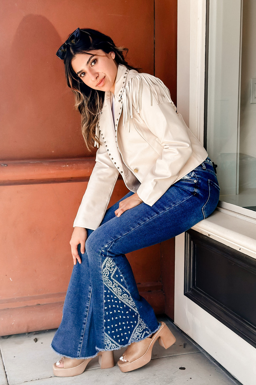 The Royce Cream Faux Leather Fringe & Stud Cropped Jacket