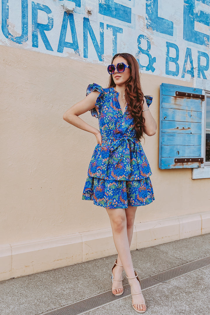 The Place in the Sun Cobalt Blue Floral Tiered Mini Dress