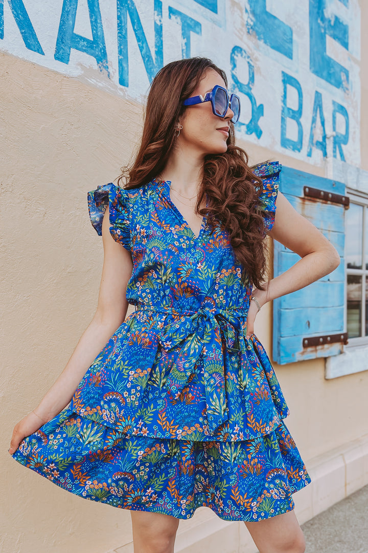 The Place in the Sun Cobalt Blue Floral Tiered Mini Dress