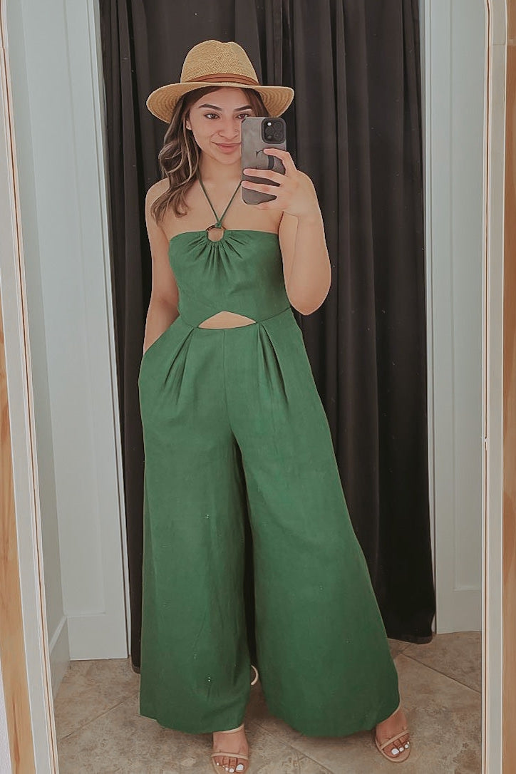 The Green With Envy Cutout Halter Linen Jumpsuit